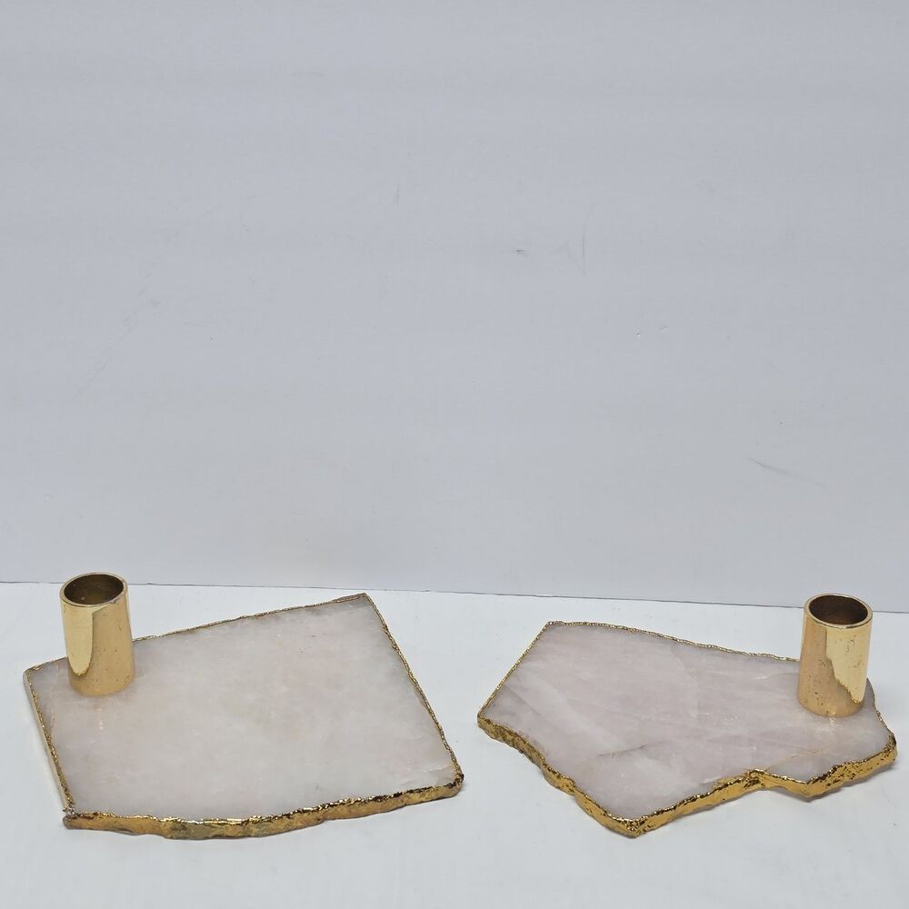 Pair Anthropologie Agate Natural Stone Gilded Gold Edge Candle Holders Boho